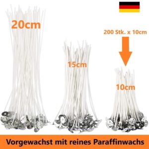 200 Stück Kerzendocht 10cm Lang mit Metallfuß