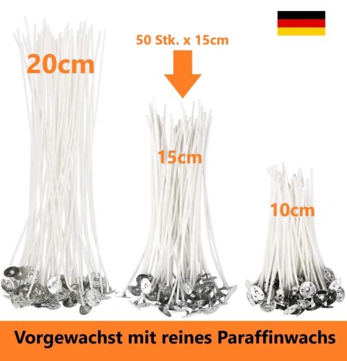 50 Stück Kerzendocht 15cm Lang mit Metallfuß