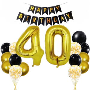 40 Geburtstag Deko Set Schwarz Gold, Zahlen+Girlande+Ballons+Stern Folienballons