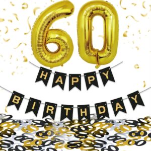 60 Geburtstag Deko Set,Girlande+Zahlen+Luftballons Schwarz Gold Konfetti