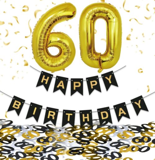 60 Geburtstag Deko Set,Girlande+Zahlen+Luftballons Schwarz Gold Konfetti