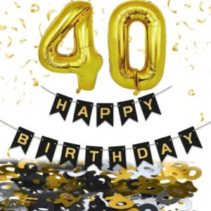 40 Geburtstag Deko Set,Girlande+Zahlen+Luftballons Schwarz Gold Konfetti