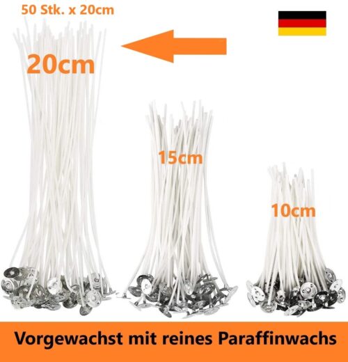 50 Stück Kerzendocht 20cm Lang mit Metallfuß