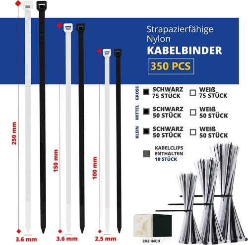 350 Stk. Kabelbinder Schwarz Weiß mit Halterungen - Image 2