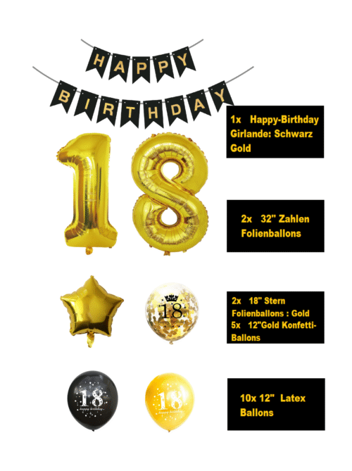 18 Geburtstag Deko Set Schwarz Gold | Zahlen+Girlande+Konfetti für Junge Mädchen - Image 2