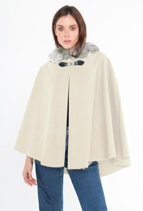 Damen Poncho Winter Cape Poncho mit Kunstpelz Kragen
