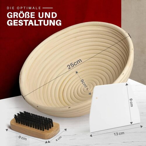 GÄRKORB Gärkörbchen Set ,25x9cm mit Leinentuch,Schaber & Holzbürste,Natur Rattan - Image 2