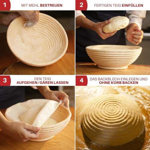 GÄRKORB Gärkörbchen Set ,25x9cm mit Leinentuch,Schaber & Holzbürste,Natur Rattan - Image 4