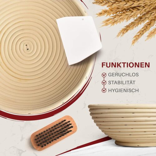 GÄRKORB Gärkörbchen Set ,25x9cm mit Leinentuch,Schaber & Holzbürste,Natur Rattan - Image 6