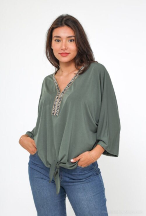 Damen Bluse mit Knoten,Langarmbluse mit verziertem Kragen