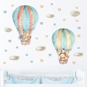 Wandtattoo mit Tieren,Wandsticker,Elefant,Giraffe,Bär,Löwe airballon mit Wolken