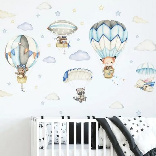 Wandtattoo mit Tieren,Wandsticker,Elefant,Giraffe,Bär,Löwe airballon mit Wolken - Image 2