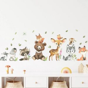 Wandtattoo mit Waldtieren,Bär Hirsch Hase Blätter,Wandsticker für Kinderzimmer