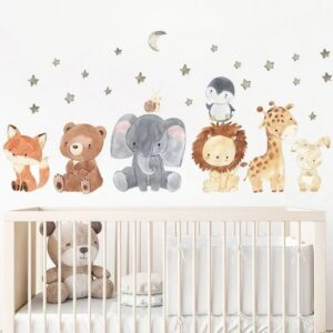 Wandtattoo mit Waldtieren,Wandsticker,Elefant,Giraffe,Bär,Fuchs,Löwe,Stern,Mond