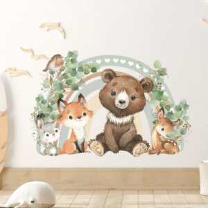 Wandtattoo mit Waldtieren,Wandsticker für Kinderzimmer,Bär Fuchs Herz Blätter Regenbogen