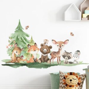 Wandtattoo mit Waldtieren für Kinderzimmer, Braunbär Hirsch Hase Tier mit Baum, Wandaufkleber