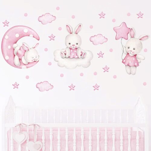 Kaninchen Tanz Ballon, Wolken, Sterne, Wandaufkleber für Mädchenzimmer,babyzimmer - Image 2