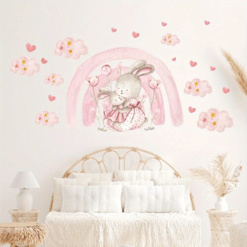 Wandtattoo mit rosa Regenbogen Herz Wolke Kaninchen, Wanda uf kleber für süße Schlafzimmer Kinder Mädchen Zimmer - Image 2