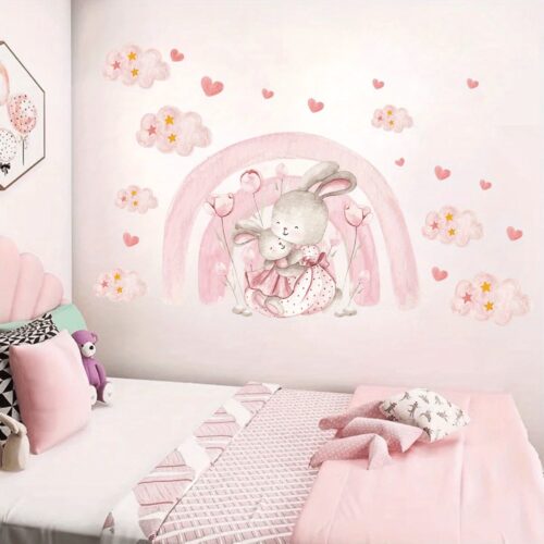Wandtattoo mit rosa Regenbogen Herz Wolke Kaninchen, Wanda uf kleber für süße Schlafzimmer Kinder Mädchen Zimmer - Image 4