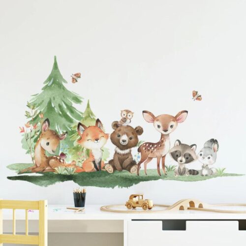 Wandtattoo mit Waldtieren für Kinderzimmer, Braunbär Hirsch Hase Tier mit Baum, Wandaufkleber - Image 4