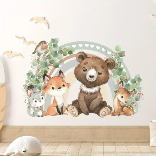 gestapelten sitzenden kleinen Bär,Fuchs,Blätter,Wandaufkleber, Wandtattoo mit Waldtieren für Kinderzimmer - Image 5