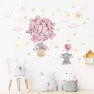 Elefant, Ballon, Sterne, Wolken, mit Sonne Wandaufkleber