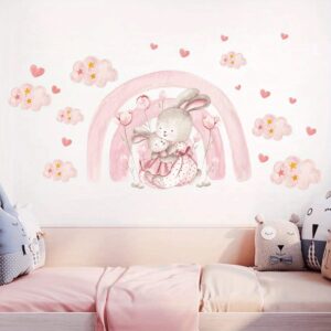 Wandtattoo mit rosa Regenbogen Herz Wolke Kaninchen, Wanda uf kleber für süße Schlafzimmer Kinder Mädchen Zimmer