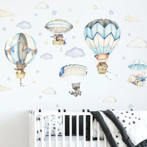 Wandsticker Kinder Tier Heißluftballon Wandsticker,Wandaufkleber Deko (Wandtattoo mit Waldtieren für Kinderzimmer, aquarell tiere heißluft ballon wolken aufkleber), wasserdichte abnehmbare, kindergarten haus dekoration