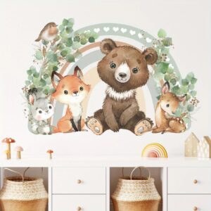 gestapelten sitzenden kleinen Bär,Fuchs,Blätter,Wandaufkleber, Wandtattoo mit Waldtieren für Kinderzimmer