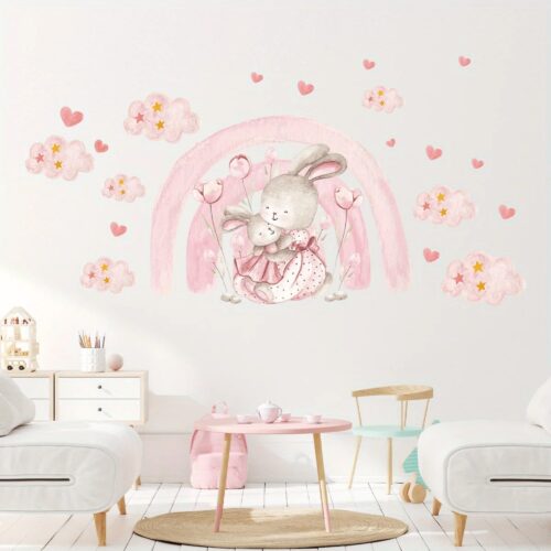 Wandtattoo mit rosa Regenbogen Herz Wolke Kaninchen, Wanda uf kleber für süße Schlafzimmer Kinder Mädchen Zimmer - Image 3