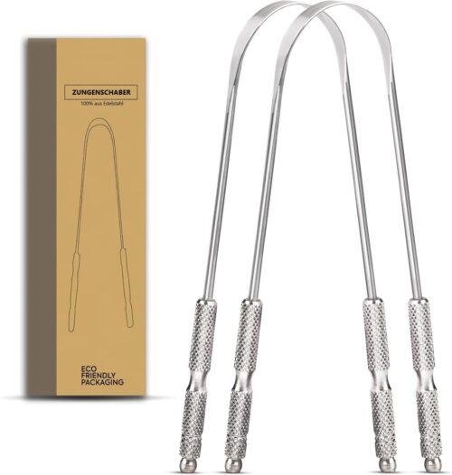 Mundpflegecenter Zungenschaber für Erwachsene aus Edelstahl, Mundgeruch Bekämpfen 100% (2Pcs Mundpflege Pack), Zungenreiniger aus Edelstahl, Zungenbürste Mundhygiene Produkt