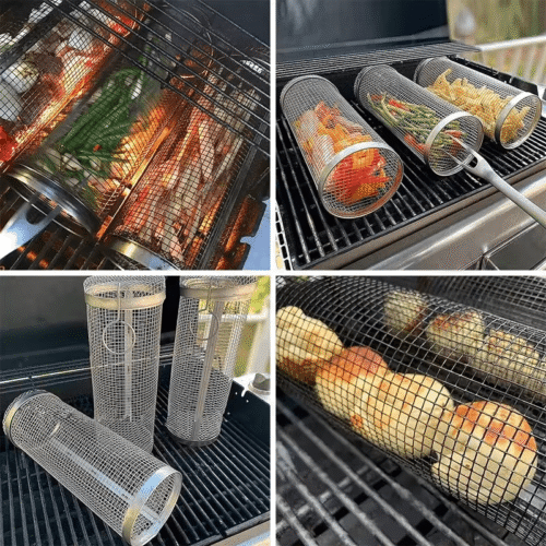 (30 * 9cm Rolling Grilling Basket,Nestendes Rollendes Grillkorb, Zylindrischer Grillkorb für Abendessen), Picknick,Camping,Grill - Image 5