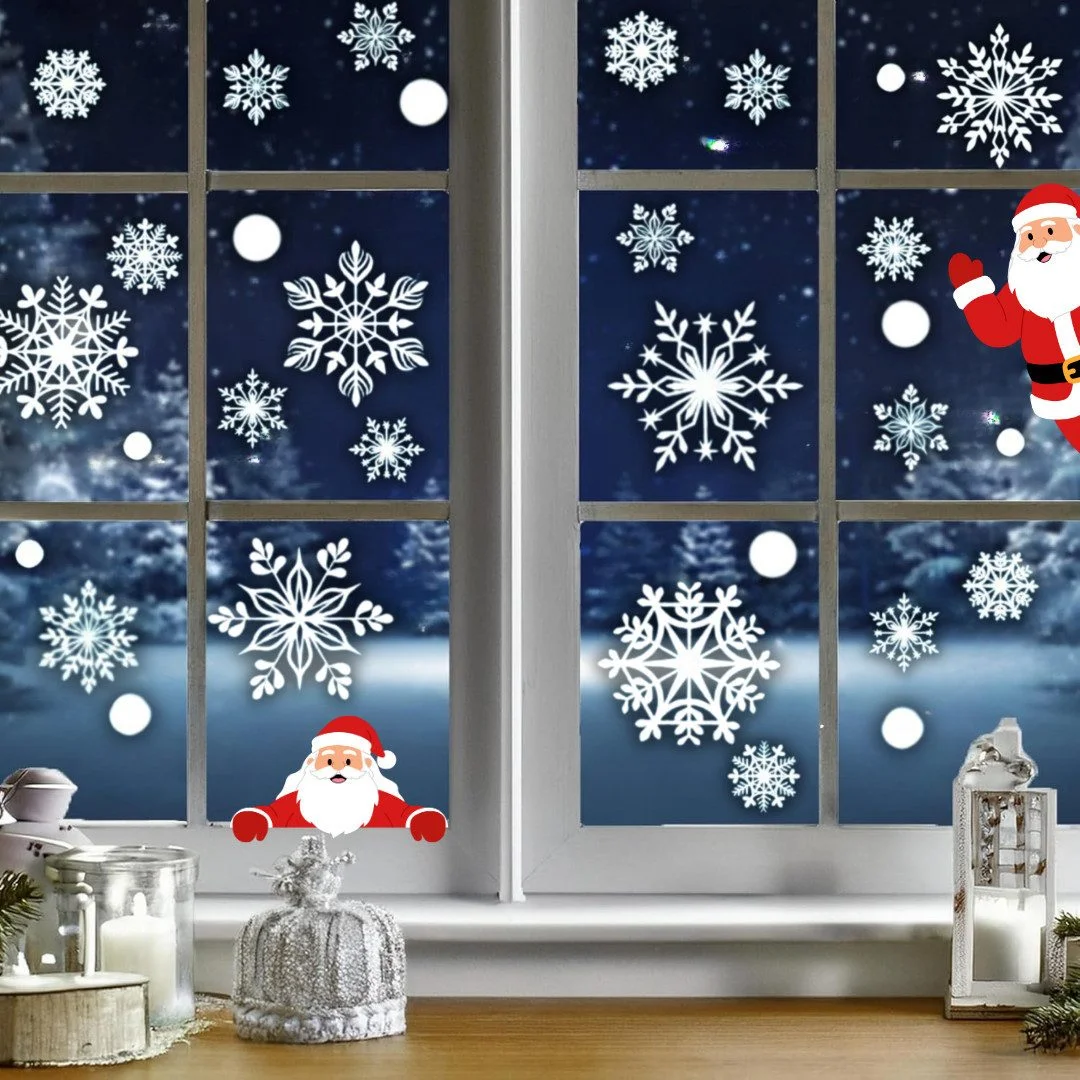 Fenstersticker-Set Weihnachten mit Schneeflocken & Weihnachtsmann