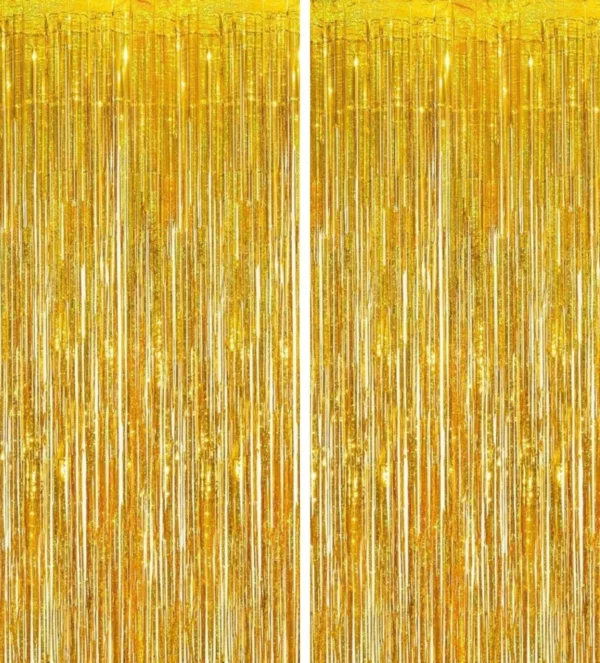 Montegoni Gold Tinsel Curtain – Set of 2 Glitter Fringe Curtains for Parties