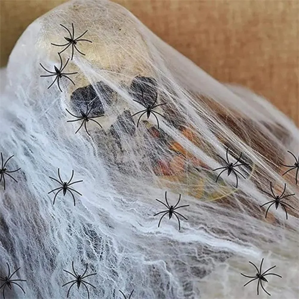 Halloween-Spinnennetz 200 g mit 60 Spinnen, Weiß