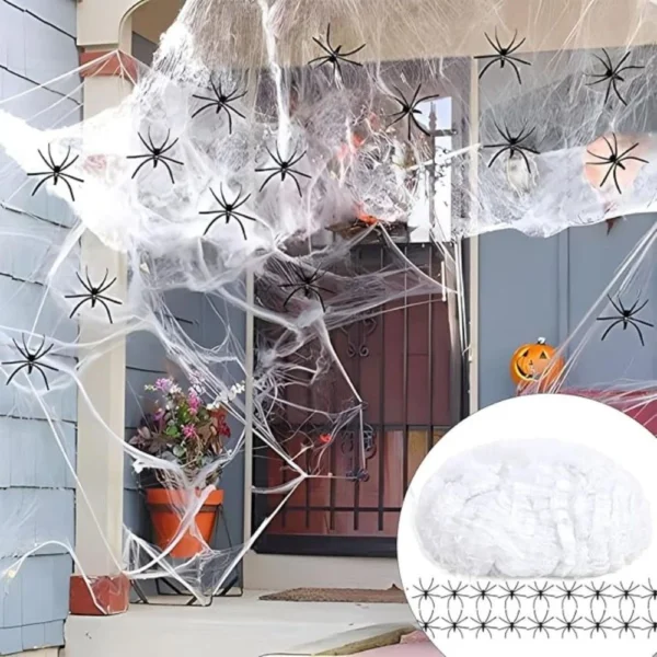 Halloween-Spinnennetz 200 g mit 60 Spinnen, Weiß