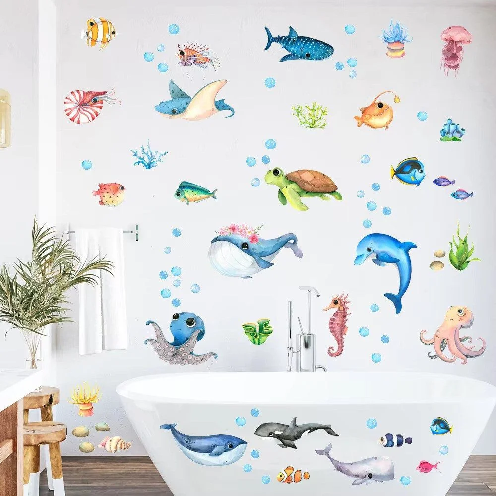 Underwater World Wall Stickers with Octopus, Turtle & Fish, 4 Sheets of 21 × 30 cm
