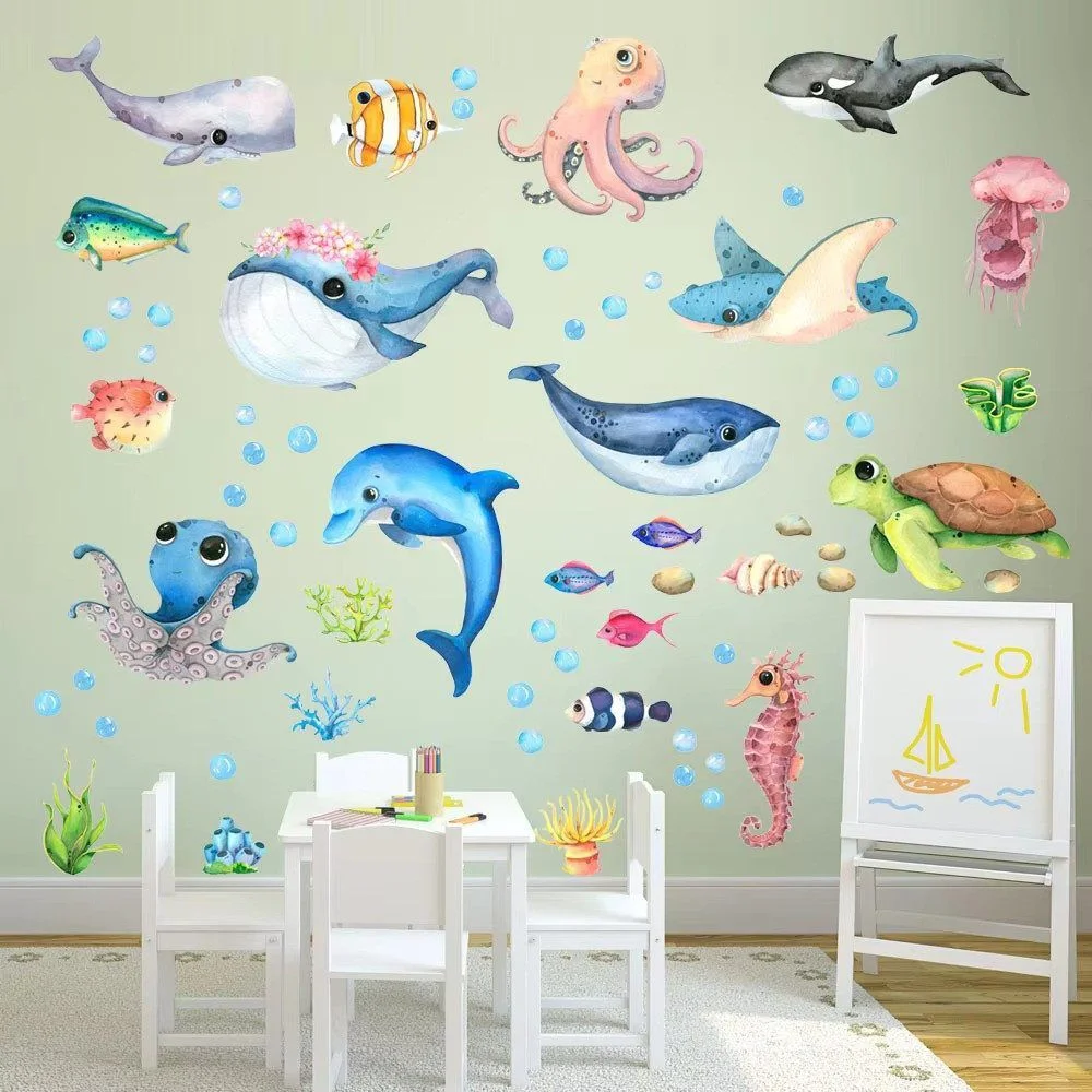 Underwater World Wall Stickers with Octopus, Turtle & Fish, 4 Sheets of 21 × 30 cm