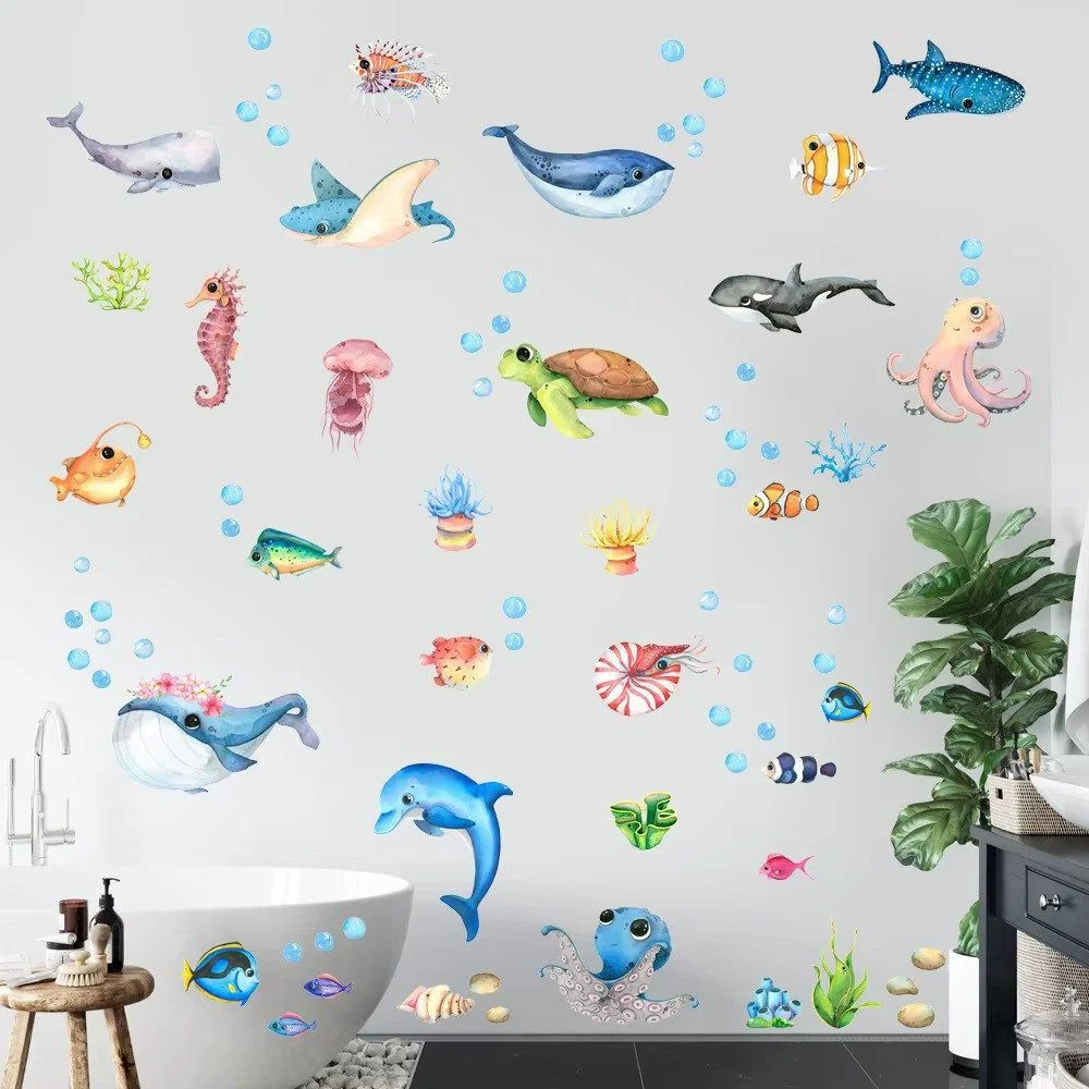 Underwater World Wall Stickers with Octopus, Turtle & Fish, 4 Sheets of 21 × 30 cm