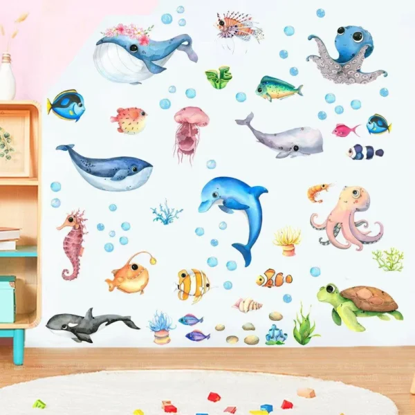Underwater World Wall Stickers with Octopus, Turtle & Fish, 4 Sheets of 21 × 30 cm