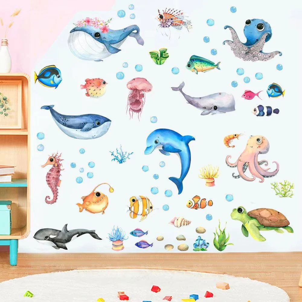 Underwater World Wall Stickers with Octopus, Turtle & Fish, 4 Sheets of 21 × 30 cm