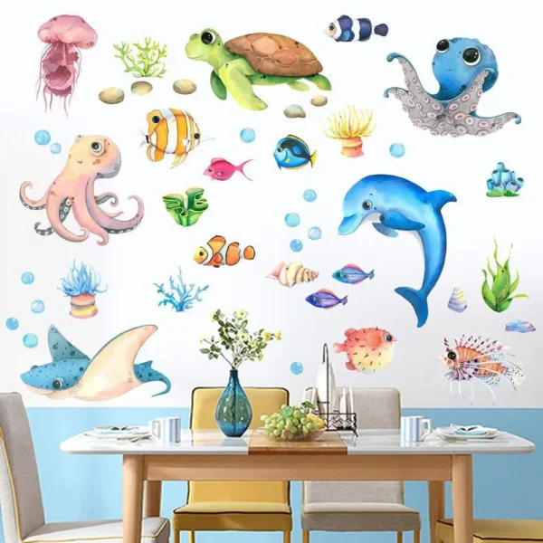 Underwater World Wall Stickers with Octopus, Turtle & Fish, 4 Sheets of 21 × 30 cm