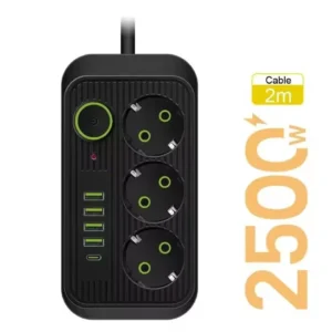 Power Strip with 3 Sockets and 2 m Cable, Black