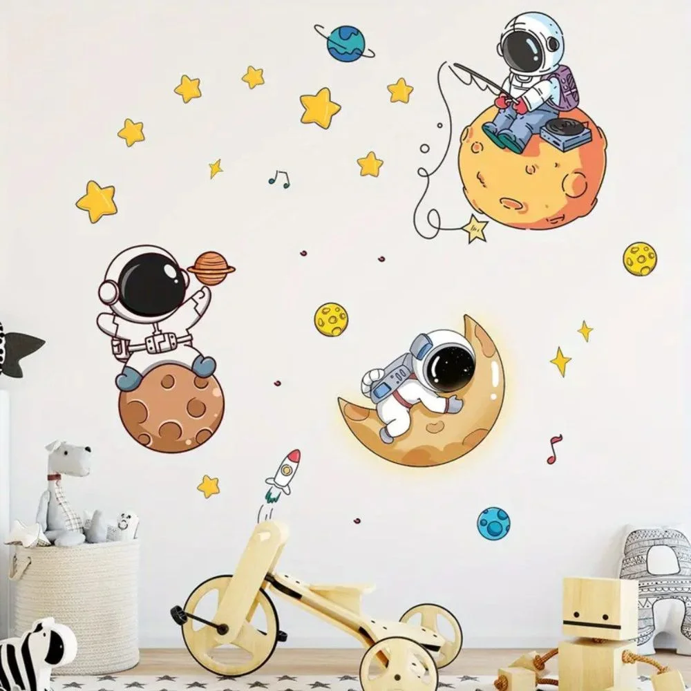 Astronauts on the Moon with Planets & Stars Wall Stickers