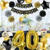 Birthday decoration set: garland, number balloons, black and gold confetti, and more.