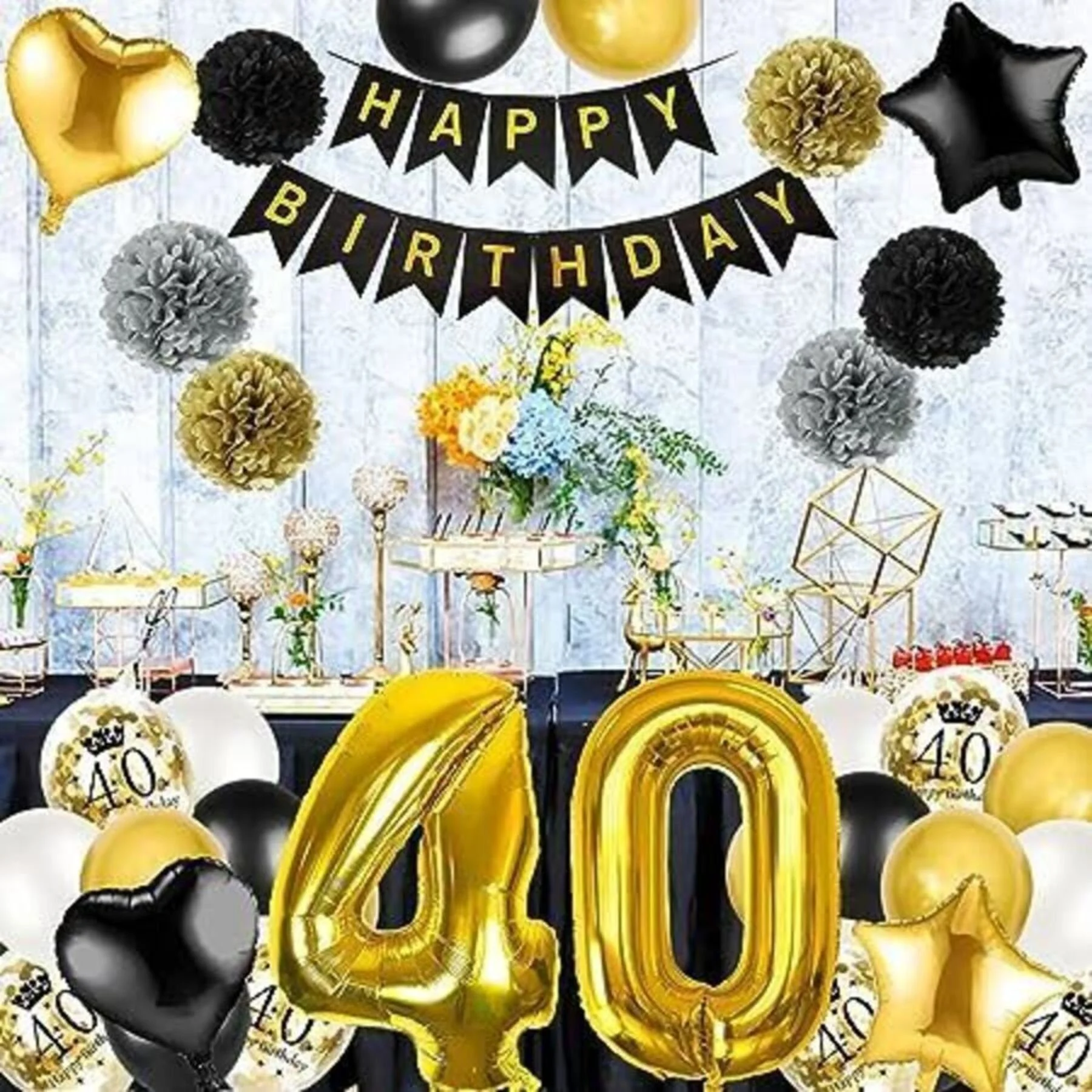 Birthday decoration set: garland, number balloons, black and gold confetti, and more.