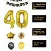Birthday decoration set: garland, number balloons, black and gold confetti, and more.