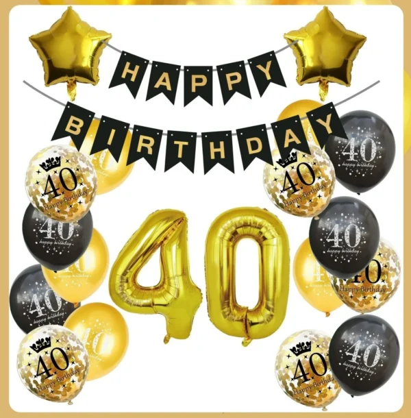 Birthday decoration set: garland, number balloons, black and gold confetti, and more.