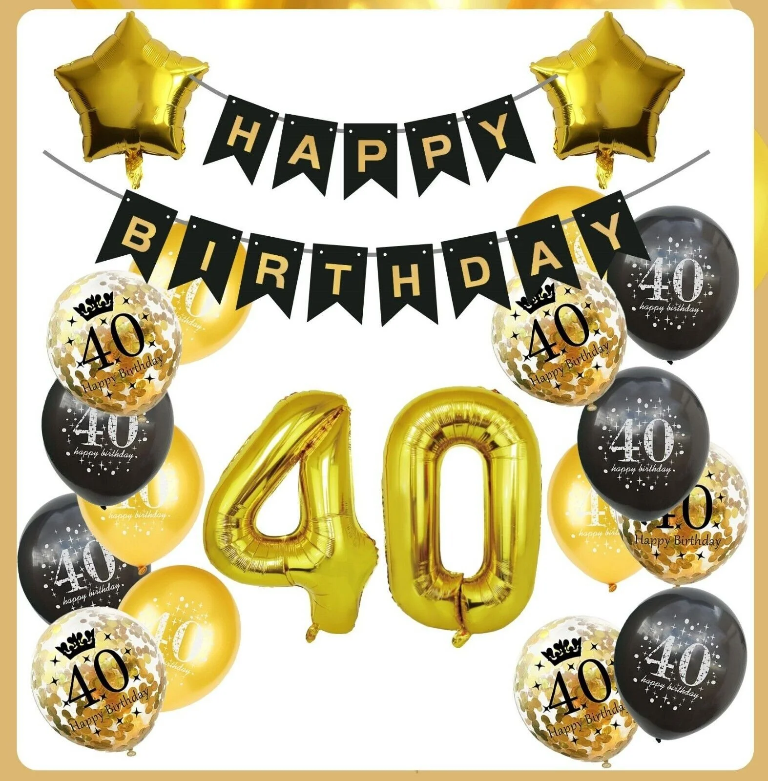 Birthday decoration set: garland, number balloons, black and gold confetti, and more.