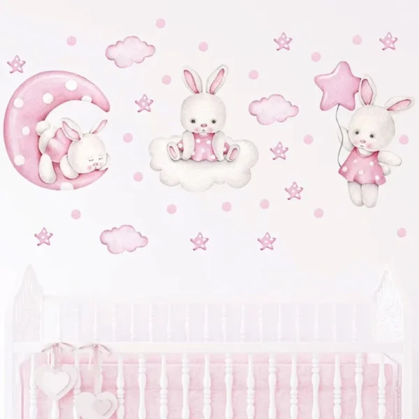 Wandsticker tanzender Hase mit Ballon, Wolken & Sternen